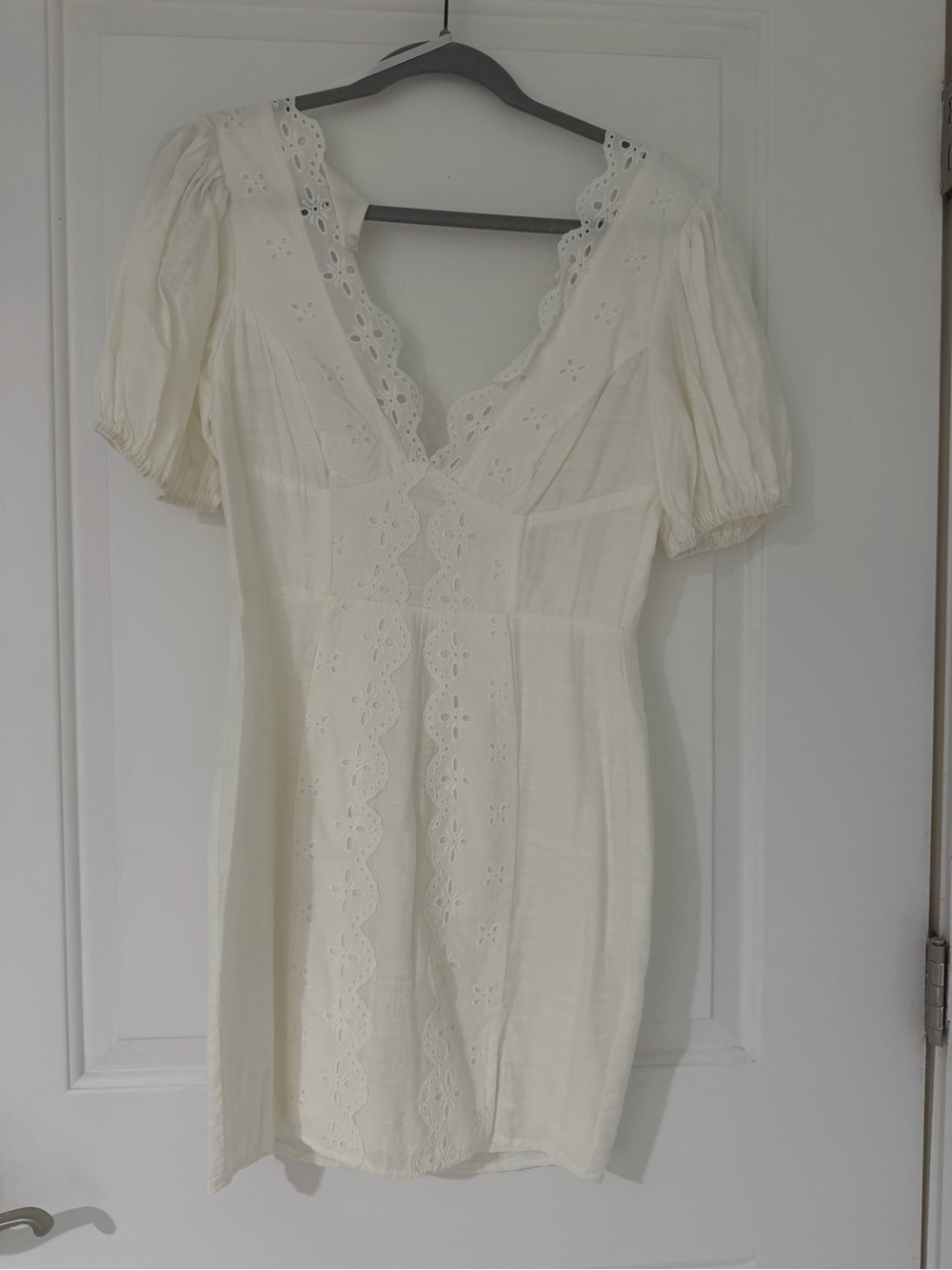 Cream Eyelet Lace Mini Dress with V-Neck